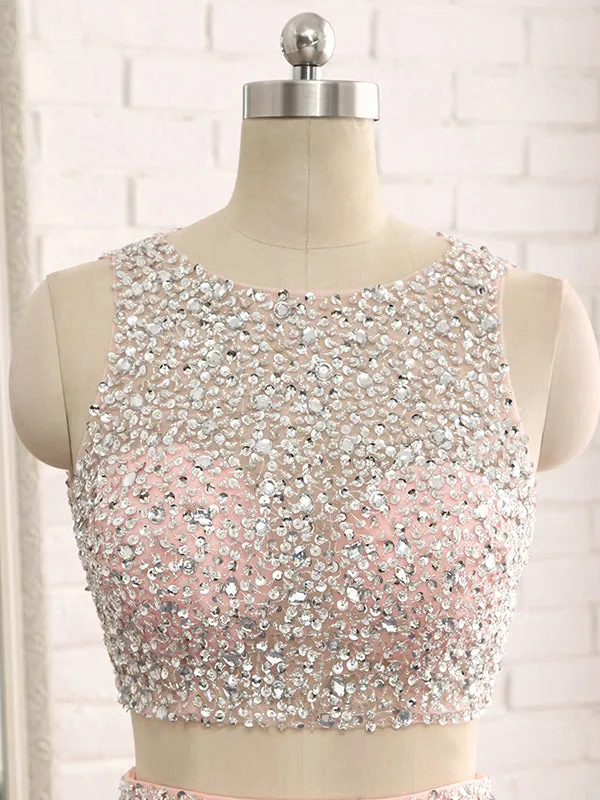 Pink Satin Two Piece Backless Prom Dress
