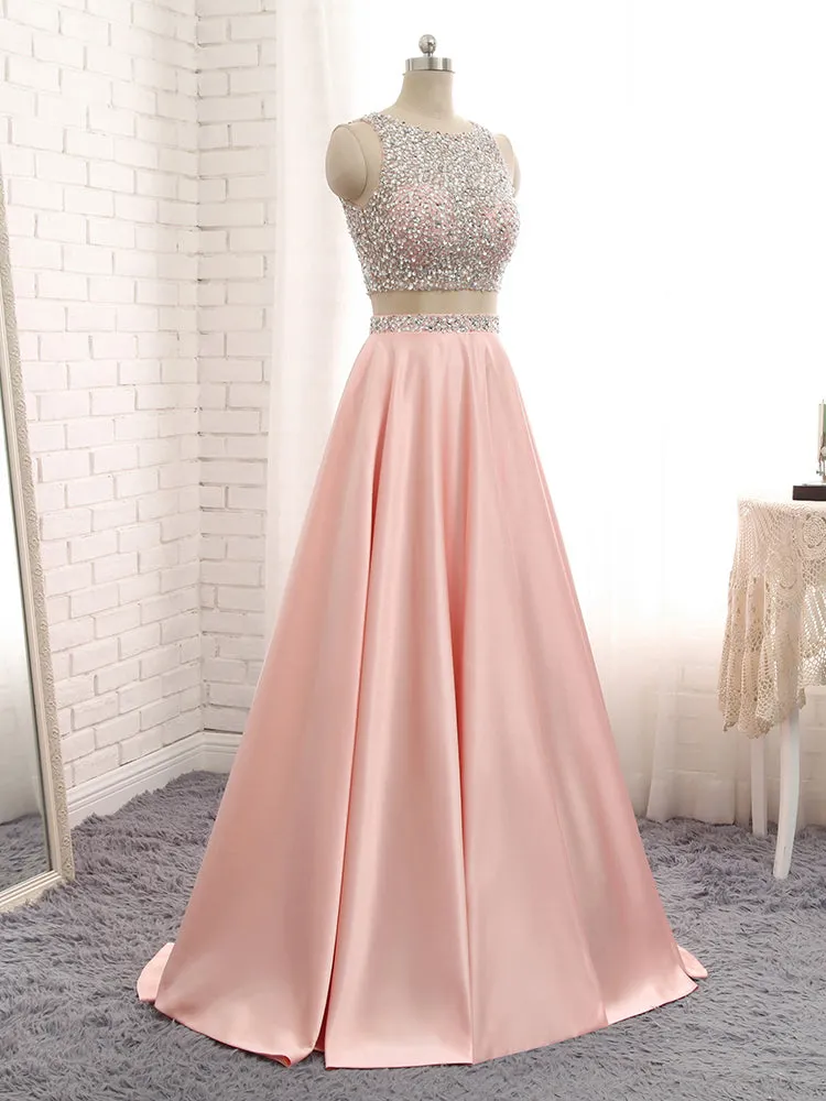 Pink Satin Two Piece Backless Prom Dress