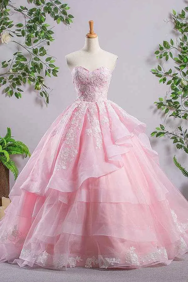 Pink Tulle A-line Sweetheart Lace Appliques Prom Dresses, Evening Gown, SP931