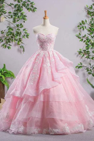 Pink Tulle A-line Sweetheart Lace Appliques Prom Dresses, Evening Gown, SP931