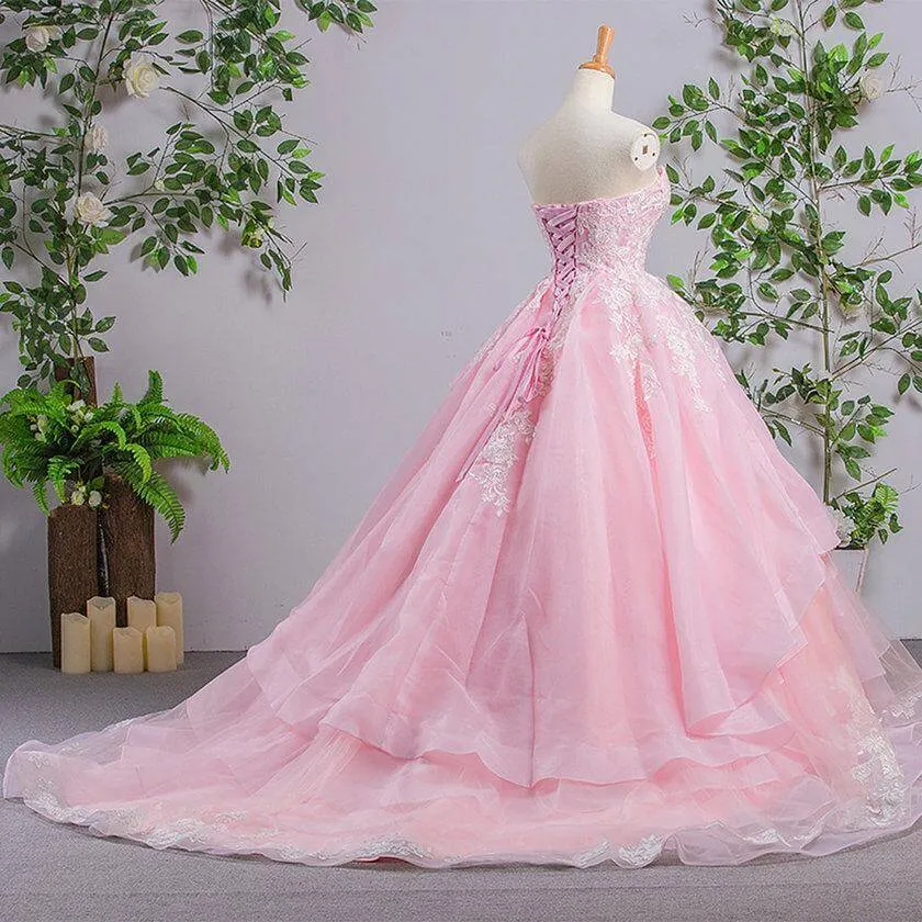 Pink Tulle A-line Sweetheart Lace Appliques Prom Dresses, Evening Gown, SP931