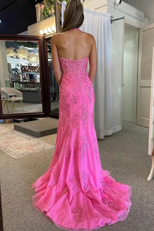 Pink Tulle Mermaid V-neck Long Prom Dresses With Lace Appliques, SLP024