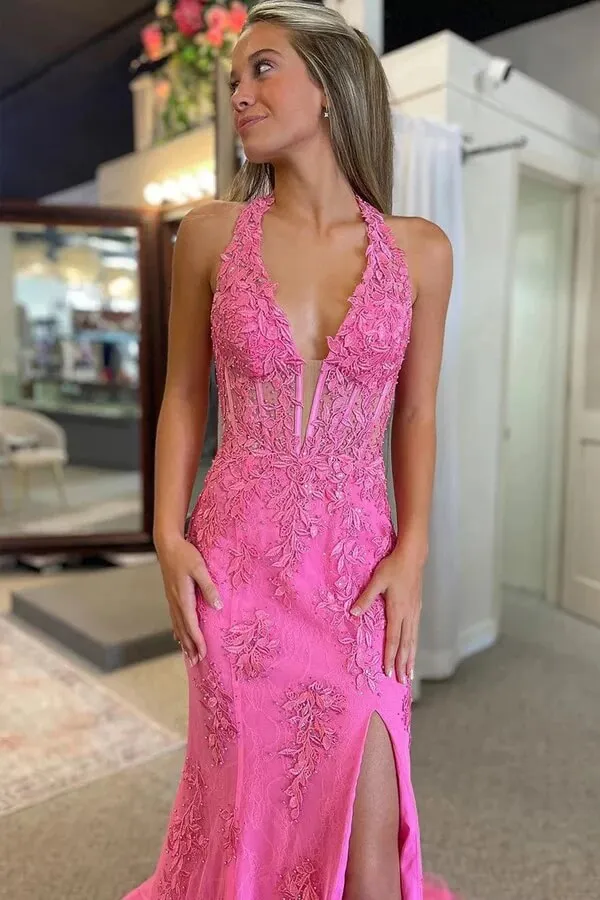 Pink Tulle Mermaid V-neck Long Prom Dresses With Lace Appliques, SLP024