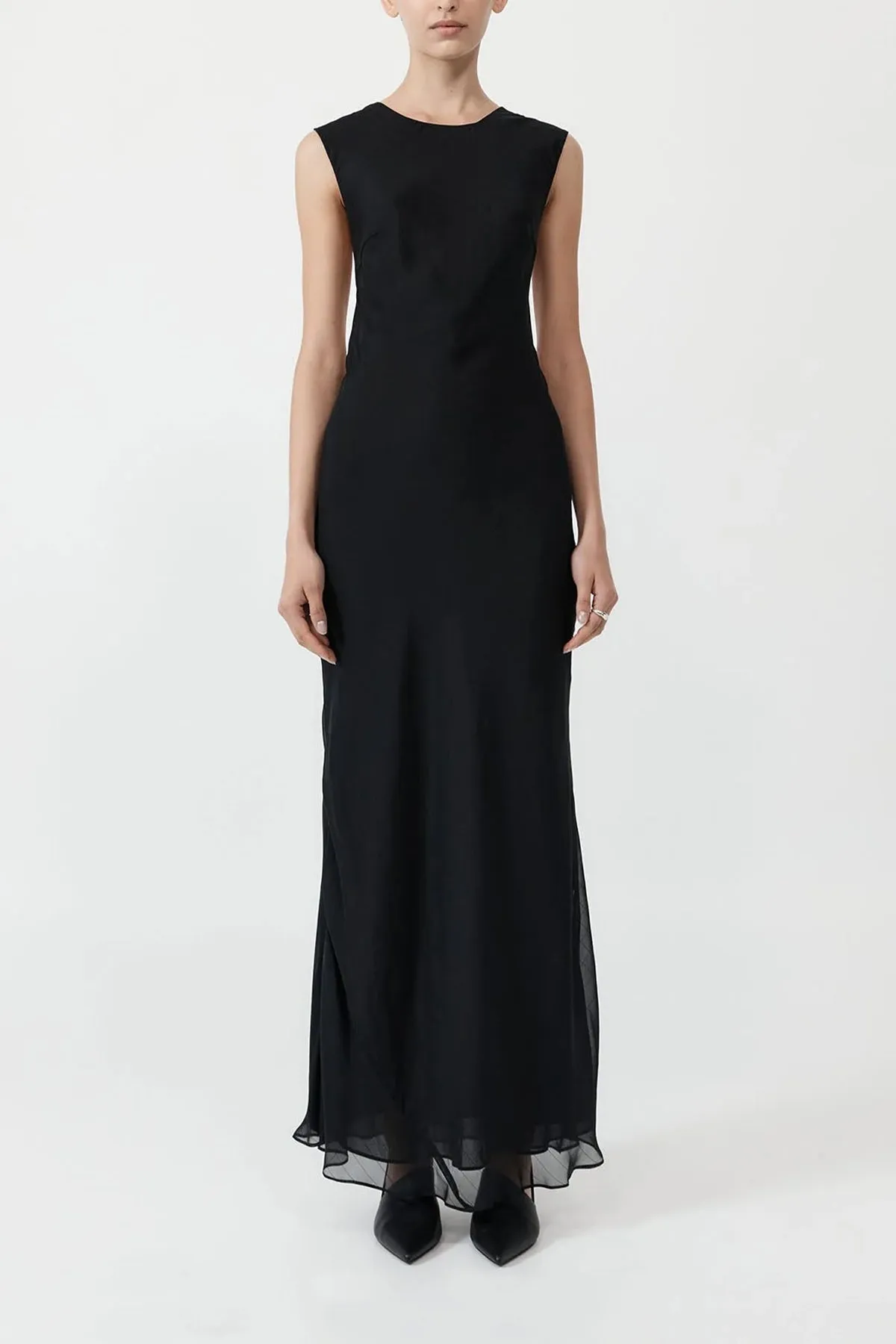 Pinstripe Silk Maxi Dress in Black
