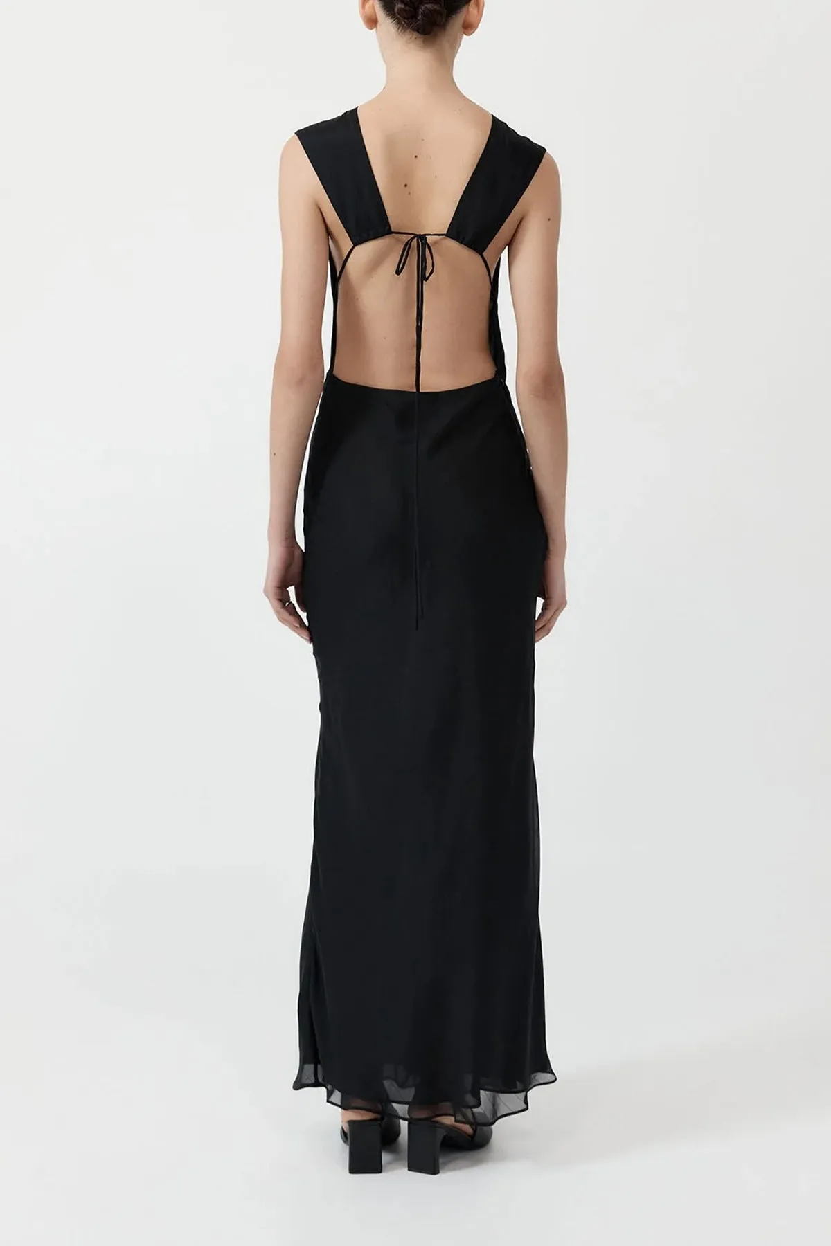 Pinstripe Silk Maxi Dress in Black