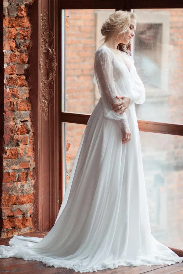 Plunged Lace Illusion Long Puff Sleeve Chiffon Wedding Dress With Sweep Train-714870