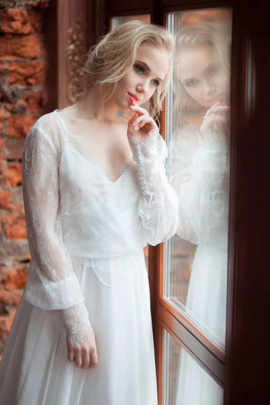 Plunged Lace Illusion Long Puff Sleeve Chiffon Wedding Dress With Sweep Train-714870