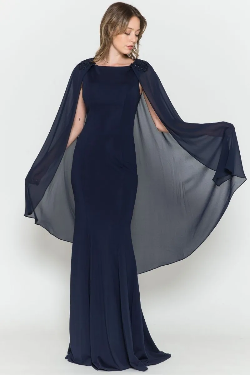 Poly USA 8566 Floor Length Round Neck Sleeveless Dress Detachable Cape