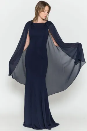 Poly USA 8566 Floor Length Round Neck Sleeveless Dress Detachable Cape