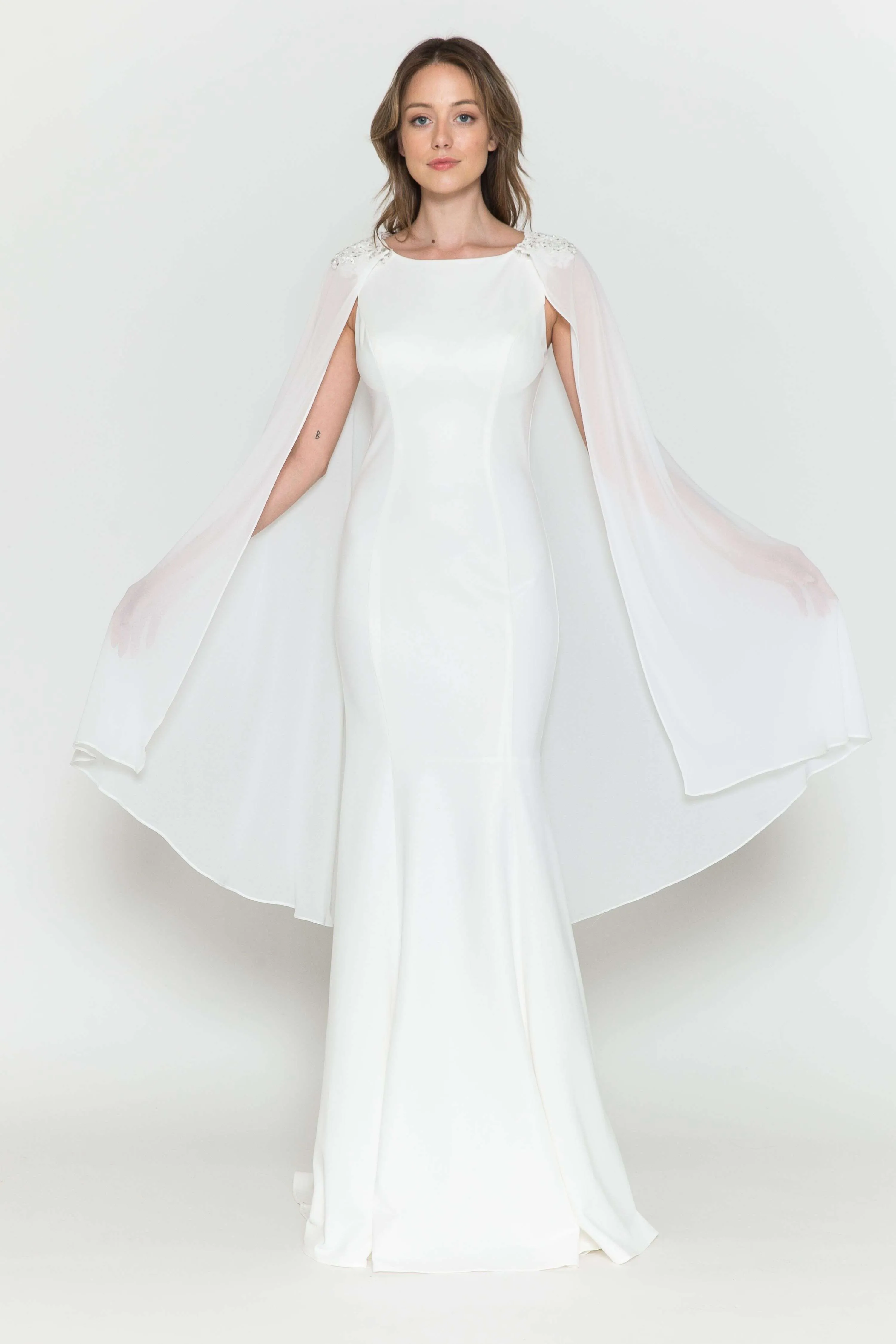 Poly USA 8566 Floor Length Round Neck Sleeveless Dress Detachable Cape