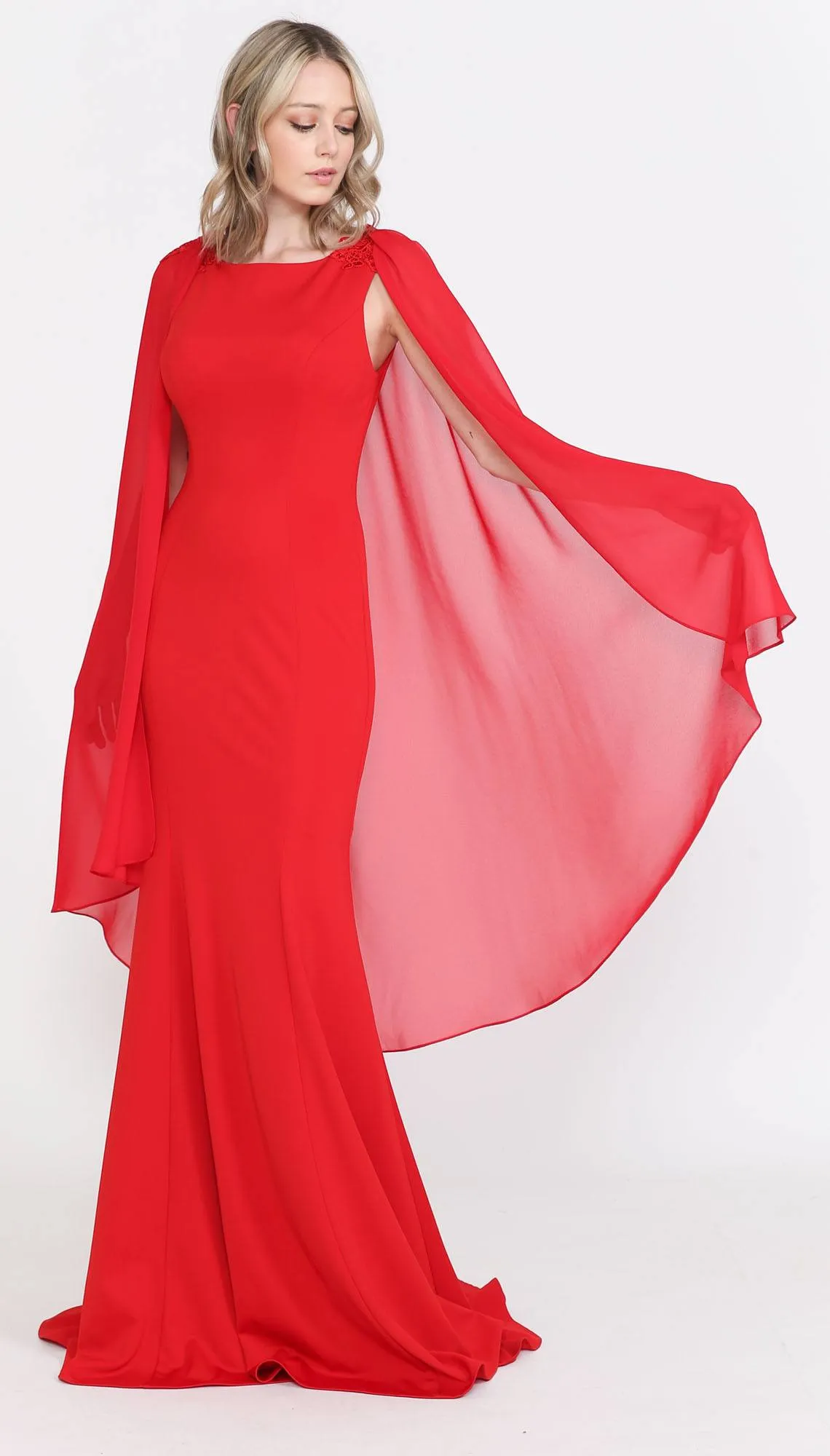 Poly USA 8566 Floor Length Round Neck Sleeveless Dress Detachable Cape
