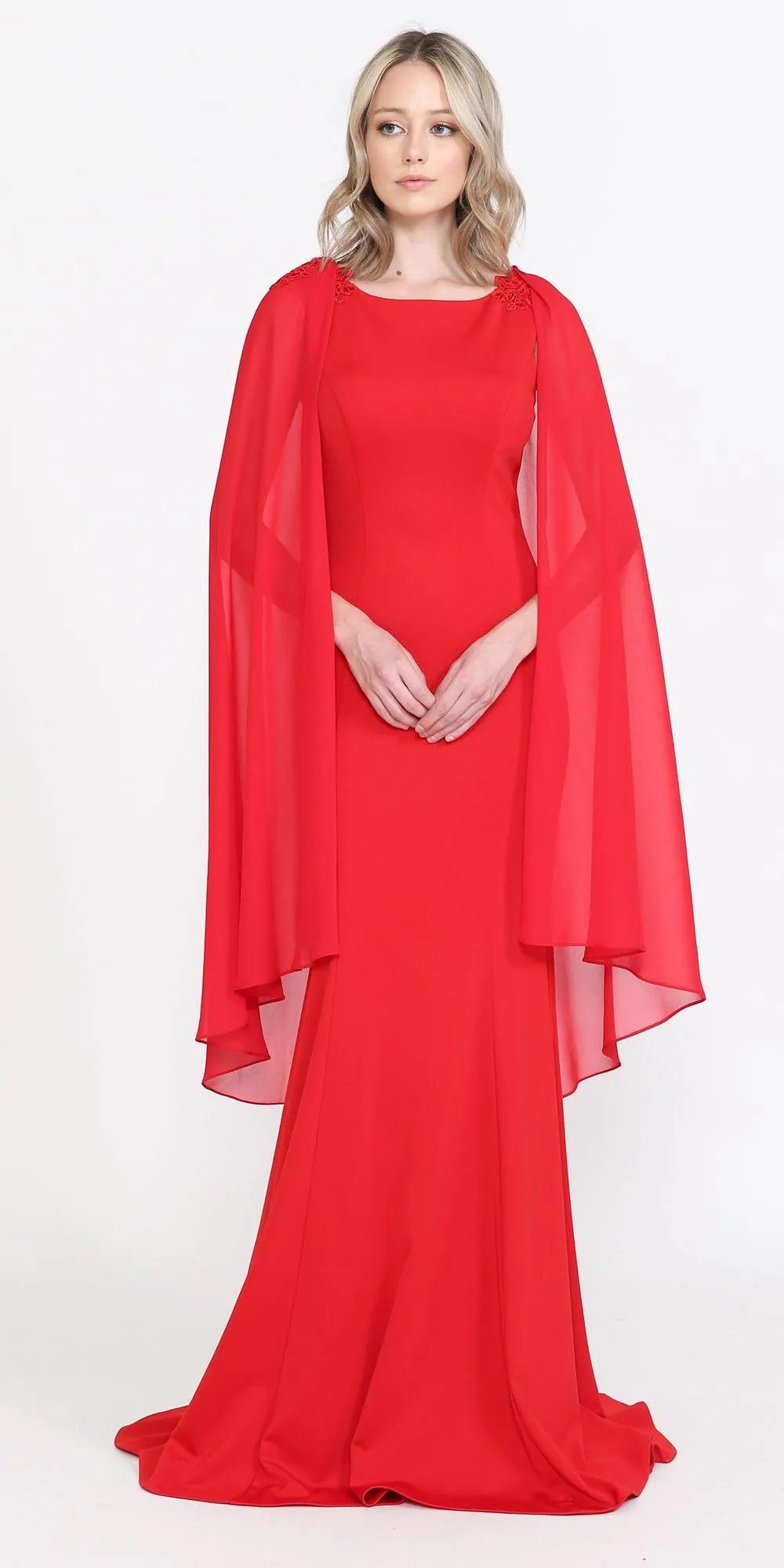 Poly USA 8566 Floor Length Round Neck Sleeveless Dress Detachable Cape