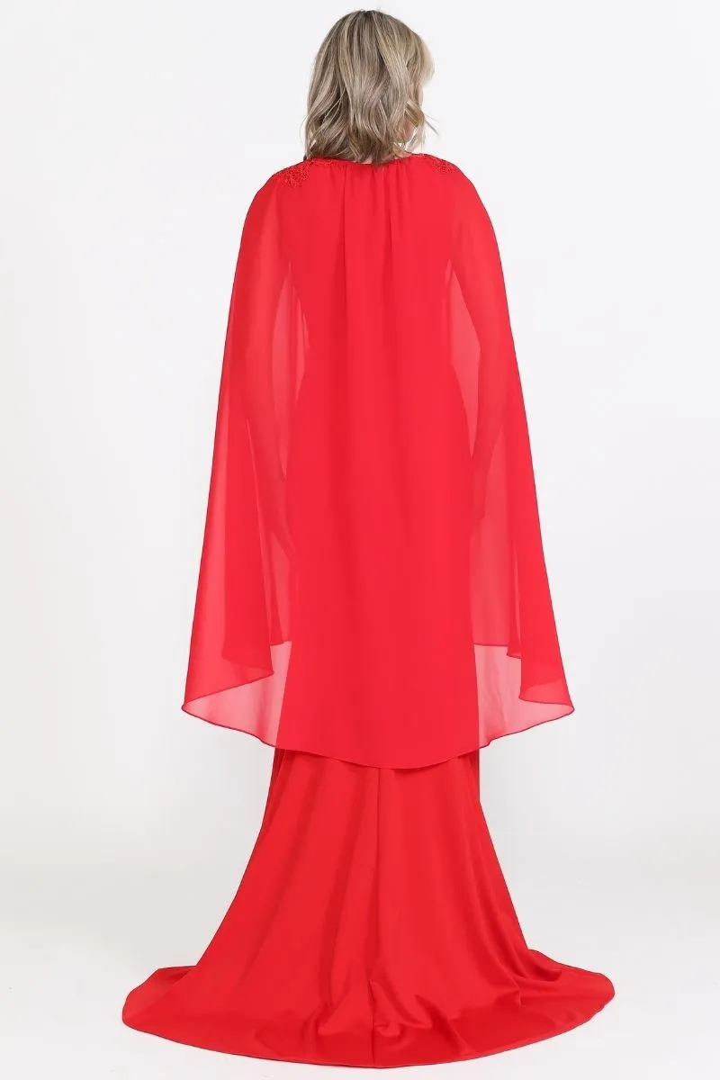 Poly USA 8566 Floor Length Round Neck Sleeveless Dress Detachable Cape