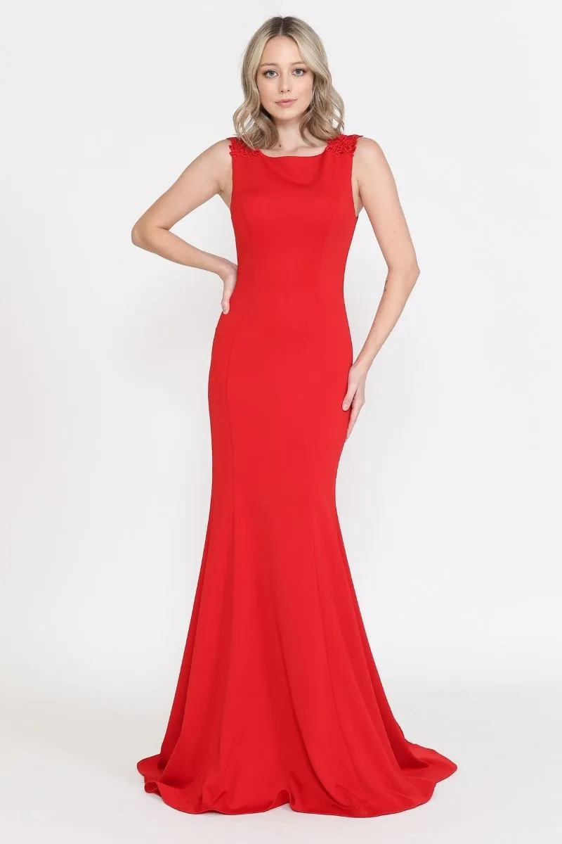 Poly USA 8566 Floor Length Round Neck Sleeveless Dress Detachable Cape