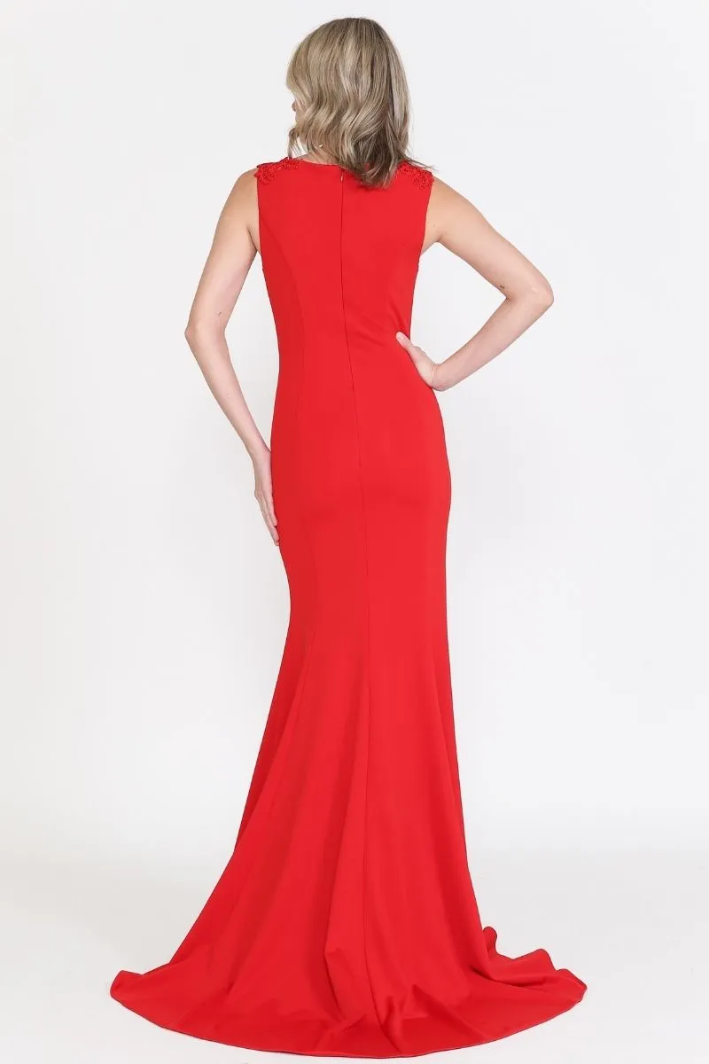 Poly USA 8566 Floor Length Round Neck Sleeveless Dress Detachable Cape