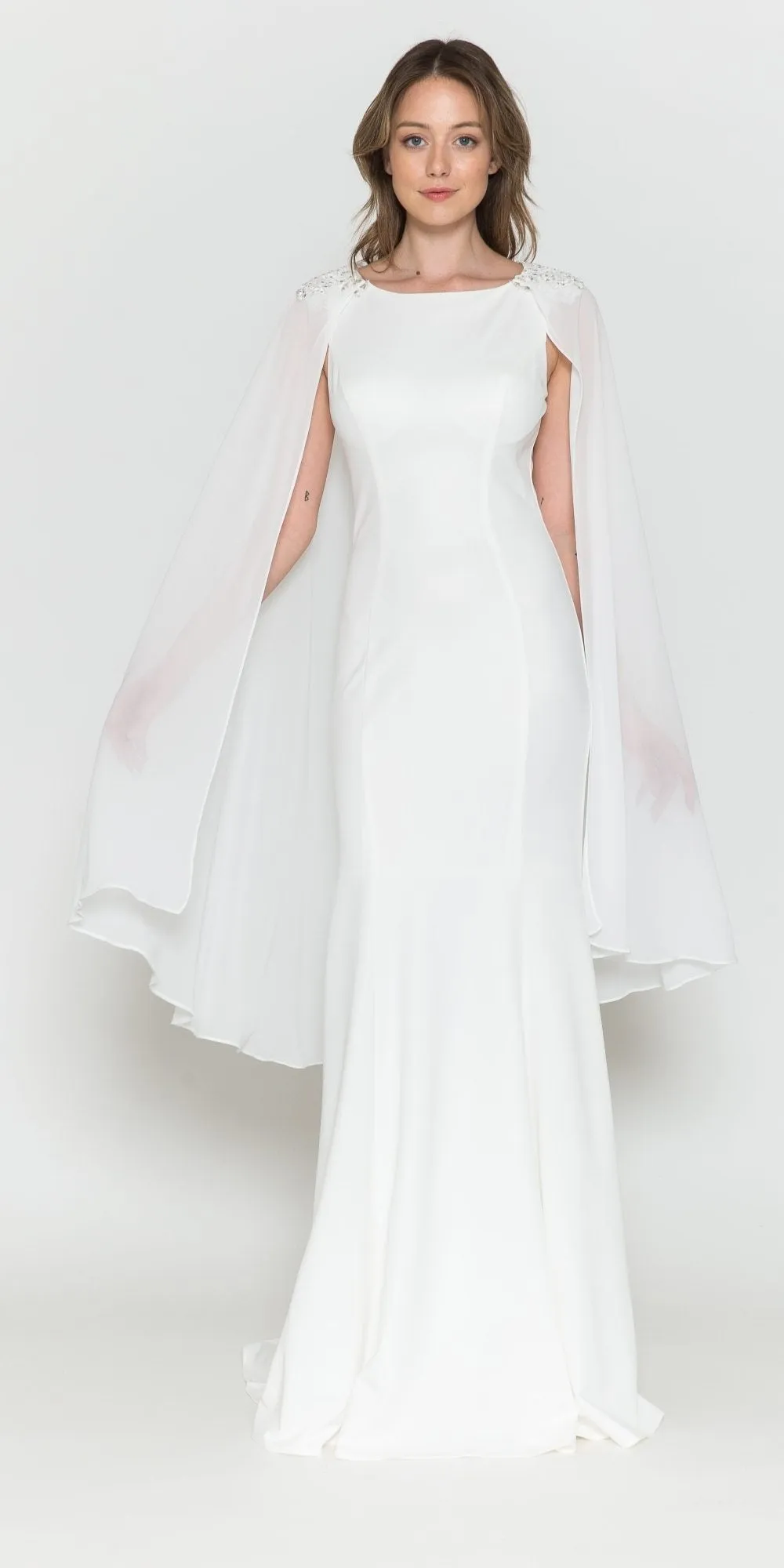 Poly USA 8566 Floor Length Round Neck Sleeveless Dress Detachable Cape