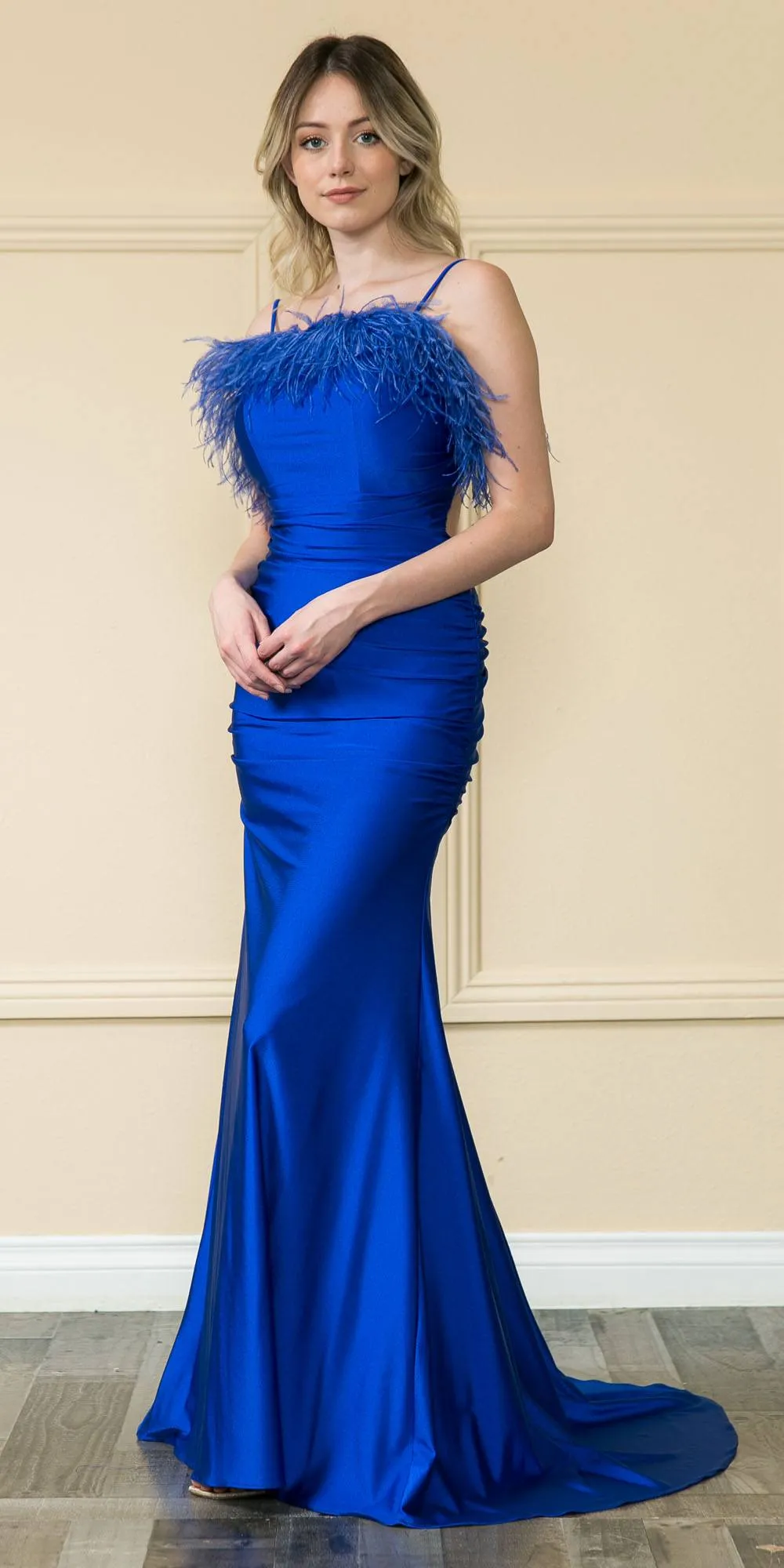 Poly USA 9070 Floor Length Span Jersey Gown with Feather Bodice