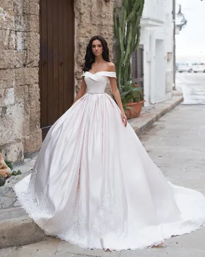 Popular Off The Shoulder Wedding Dresses Belt Beaded Sequins Lace Satin Ball Gown Bridal Gowns 2020