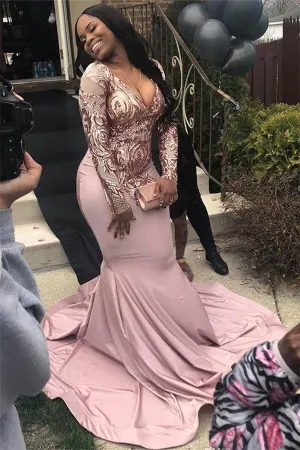 Popular Rose Pink Sequins Mermaid V-Neck Long Sleeves Prom Dresses with Court Train,MP581