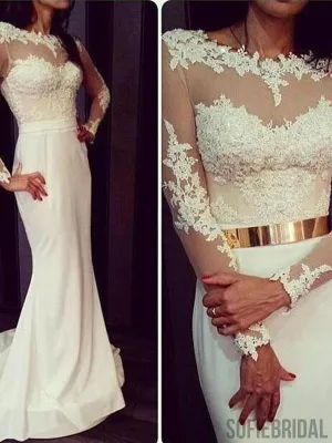 Popular Round Neck White Lace Jersey Long Sleeve Mermaid Prom Dresses with Gold Belt, PD0548