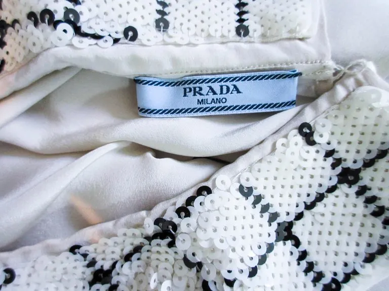PRADA Cream Silk Sequin Collar Pleated Dress Size 24
