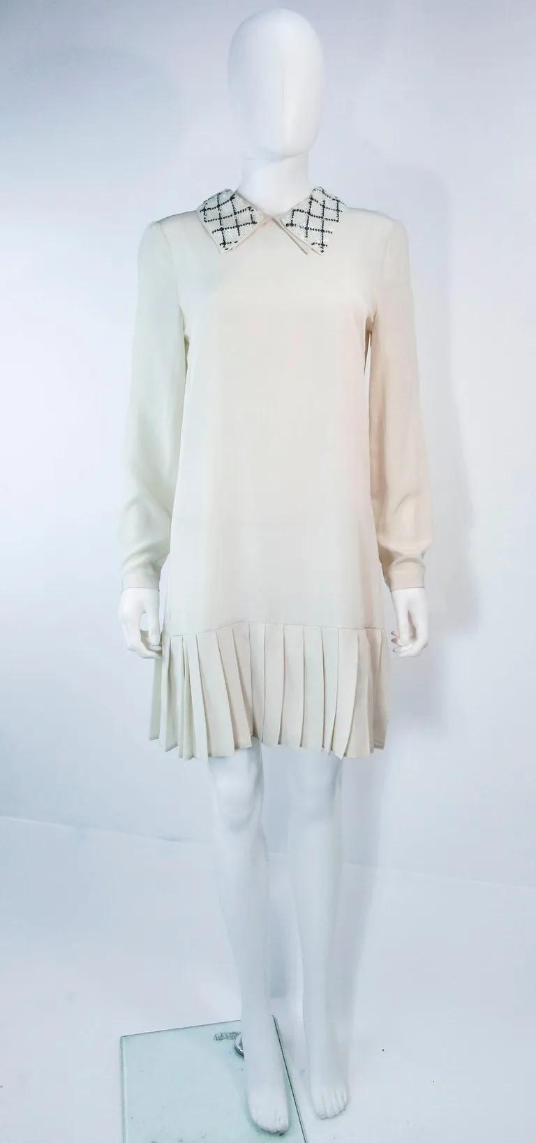 PRADA Cream Silk Sequin Collar Pleated Dress Size 24