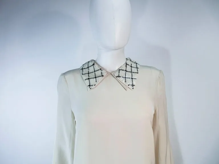 PRADA Cream Silk Sequin Collar Pleated Dress Size 24