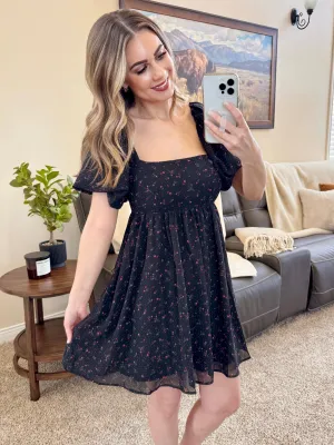 Puff Sleeve Dress in Midnight Florals