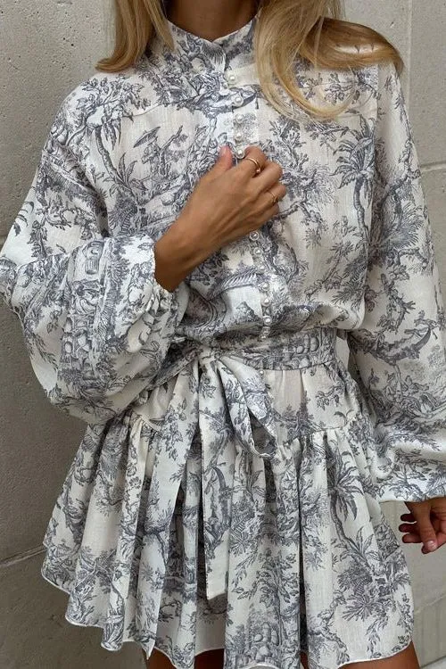 Puff Sleeve Stand Collar Lace Retro A-Line dress