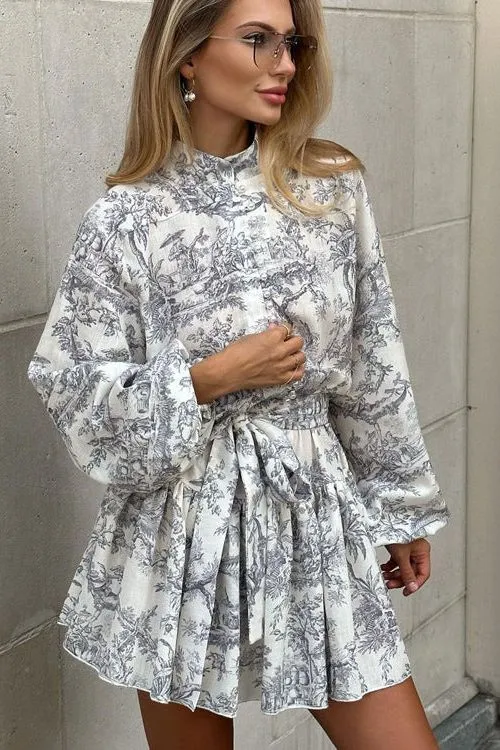 Puff Sleeve Stand Collar Lace Retro A-Line dress