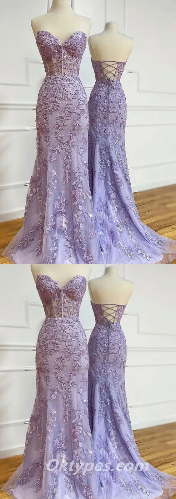 Purple Lace Sweetheart Strapless Lace Up Mermaid Long Prom Dresses, Formal Dresses,PDS0407