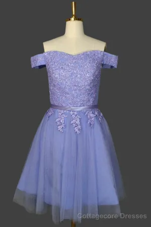 Purple Short Sleeves Lace Off Shoulder Homecoming Dresses Cute Mini Dresses