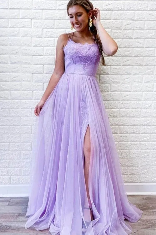 Purple Tulle Lace A-line Backless Prom Dresses With Slit, Evening Dresses, MP678