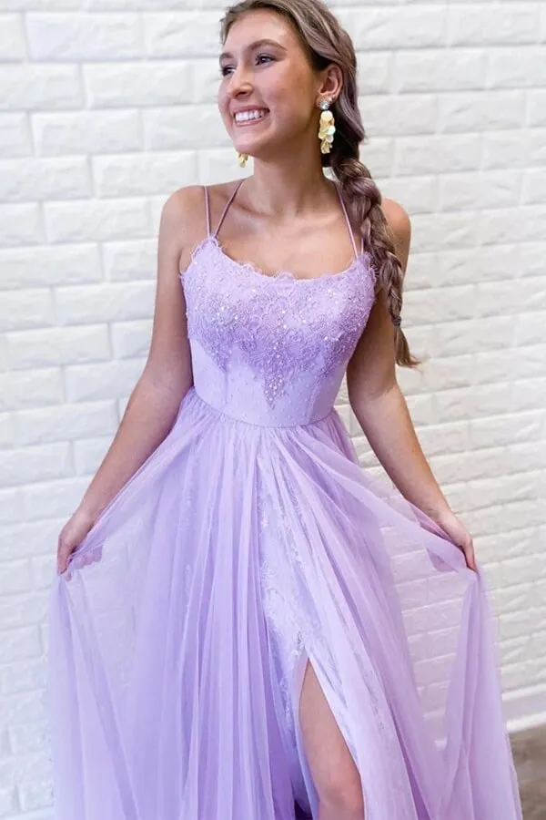 Purple Tulle Lace A-line Backless Prom Dresses With Slit, Evening Dresses, MP678