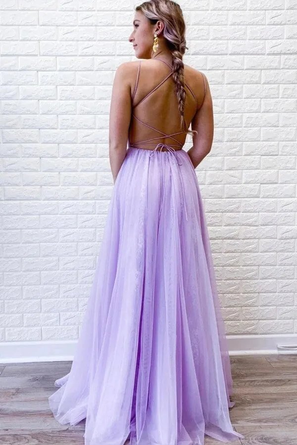 Purple Tulle Lace A-line Backless Prom Dresses With Slit, Evening Dresses, MP678