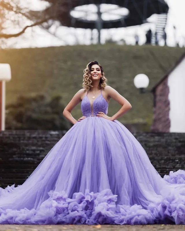 Purple Tulle Quinceanera Dresses Ball Gown Spaghetti Straps V-Neck Beaded Sweet 16 Dress 803076