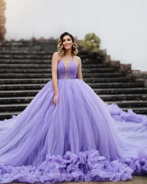 Purple Tulle Quinceanera Dresses Ball Gown Spaghetti Straps V-Neck Beaded Sweet 16 Dress 803076