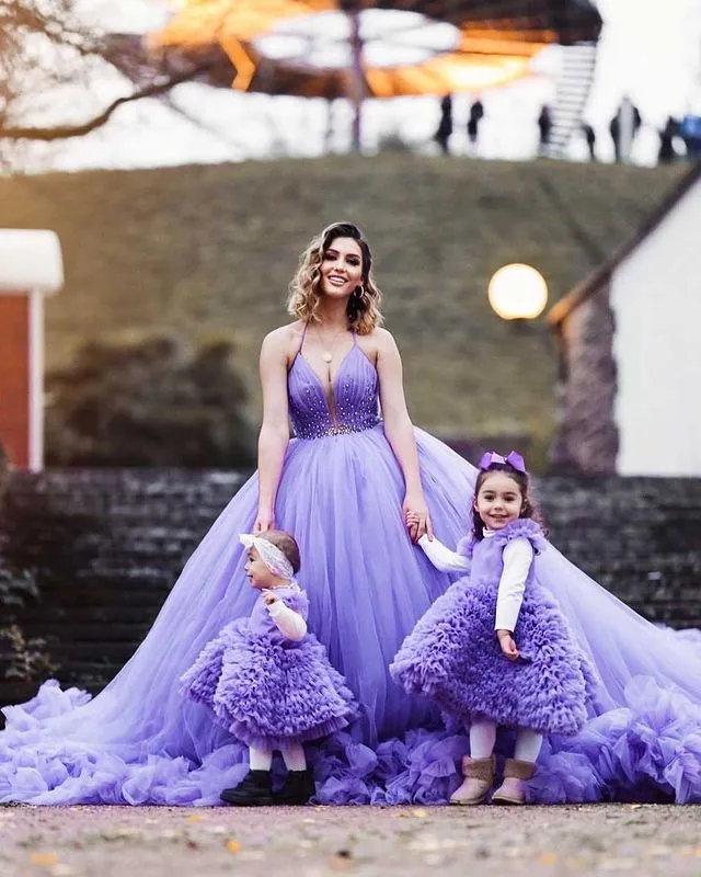 Purple Tulle Quinceanera Dresses Ball Gown Spaghetti Straps V-Neck Beaded Sweet 16 Dress 803076