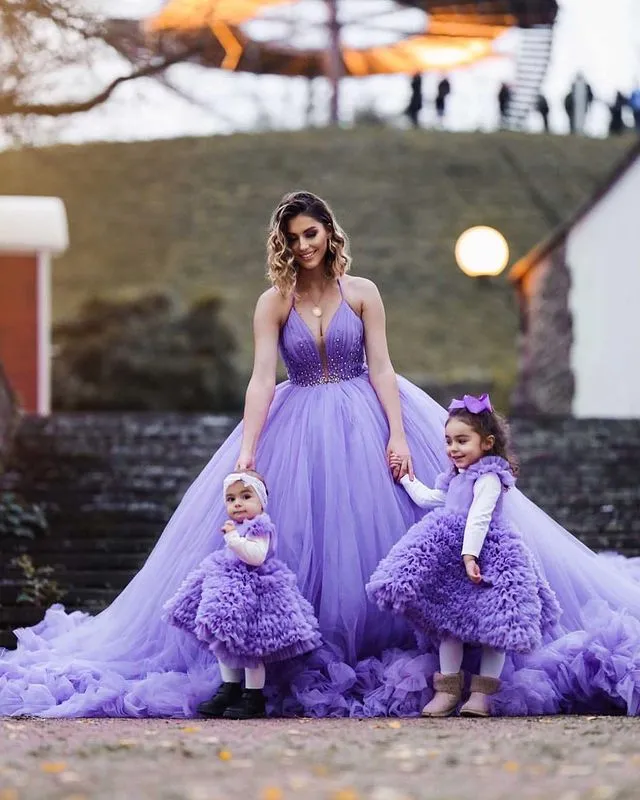 Purple Tulle Quinceanera Dresses Ball Gown Spaghetti Straps V-Neck Beaded Sweet 16 Dress 803076