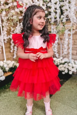 "Amora" Pink & Red Velvet Tulle Dress