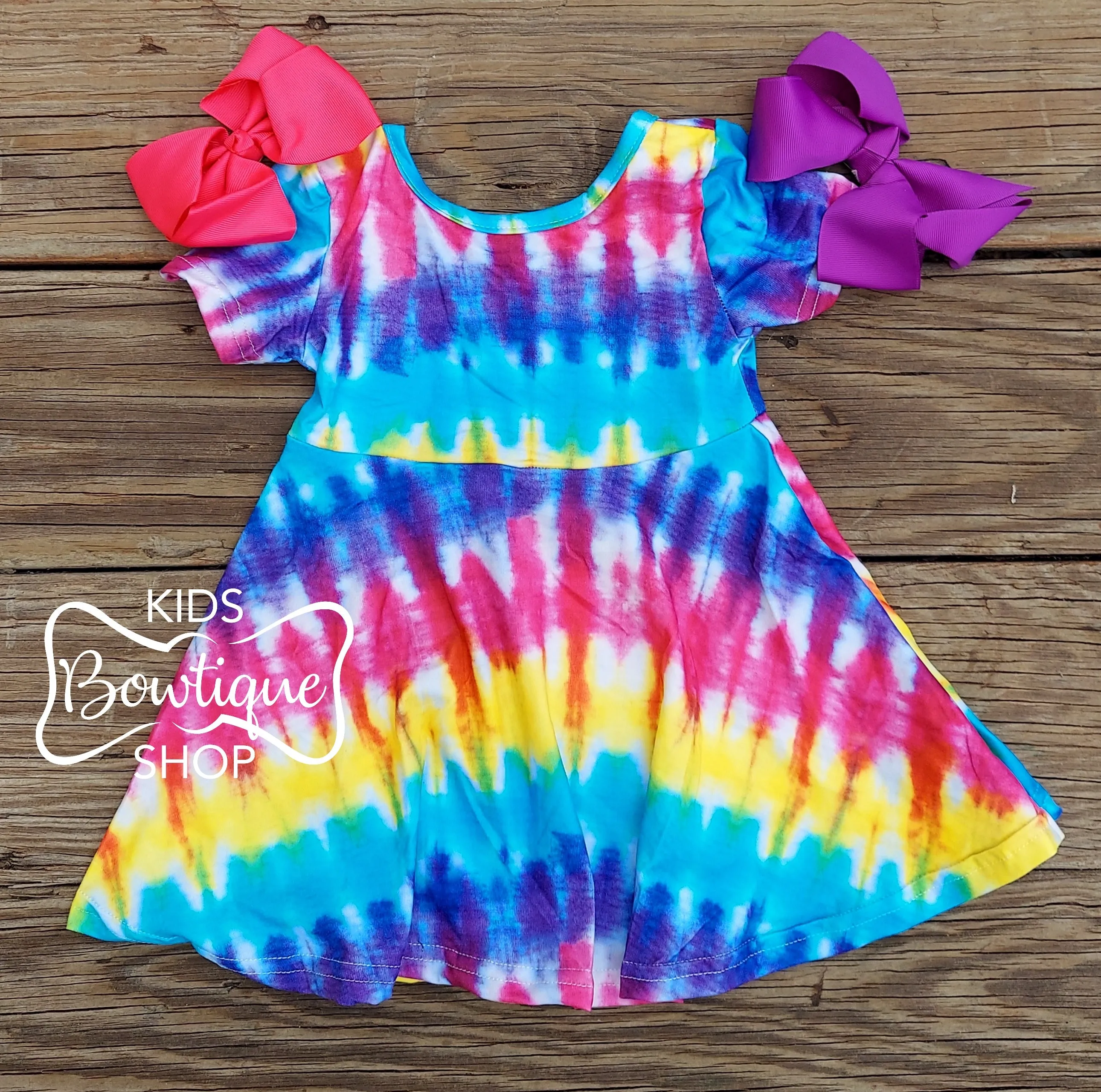 Rainbow Batik Flutter Sleeve Twirl Dress