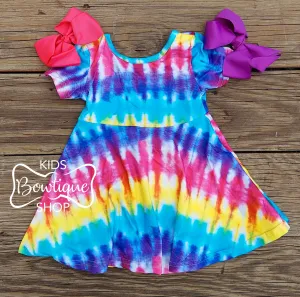 Rainbow Batik Flutter Sleeve Twirl Dress