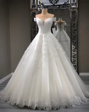Real Photo 2019 Lace Wedding Dresses Off The Shoulder Cap Sleeve Modest Bridal Wedding Dress Ball Gown