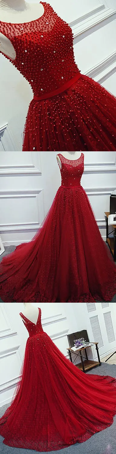 Red Beading Sparkly Unique Ball Gown Round Neck Formal Elegant Long Prom Dresses. BD0241