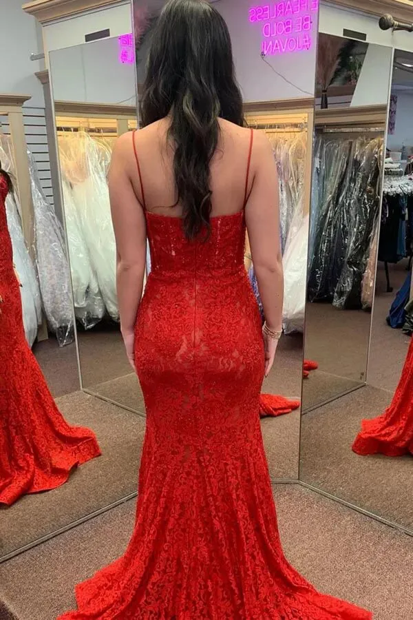 Red Lace Mermaid Sweetheart Spaghetti Straps Long Prom Dresses, MP1016