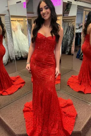 Red Lace Mermaid Sweetheart Spaghetti Straps Long Prom Dresses, MP1016