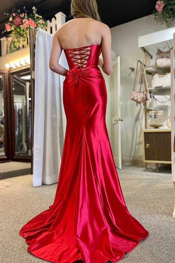 Red Satin Mermaid Strapless Ruched Prom Dress With Slit, Party Dress, SLP002