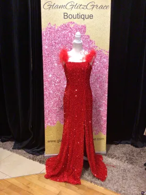 Red Sequin Feathers on Shoulders Lace Up Dress With Slit