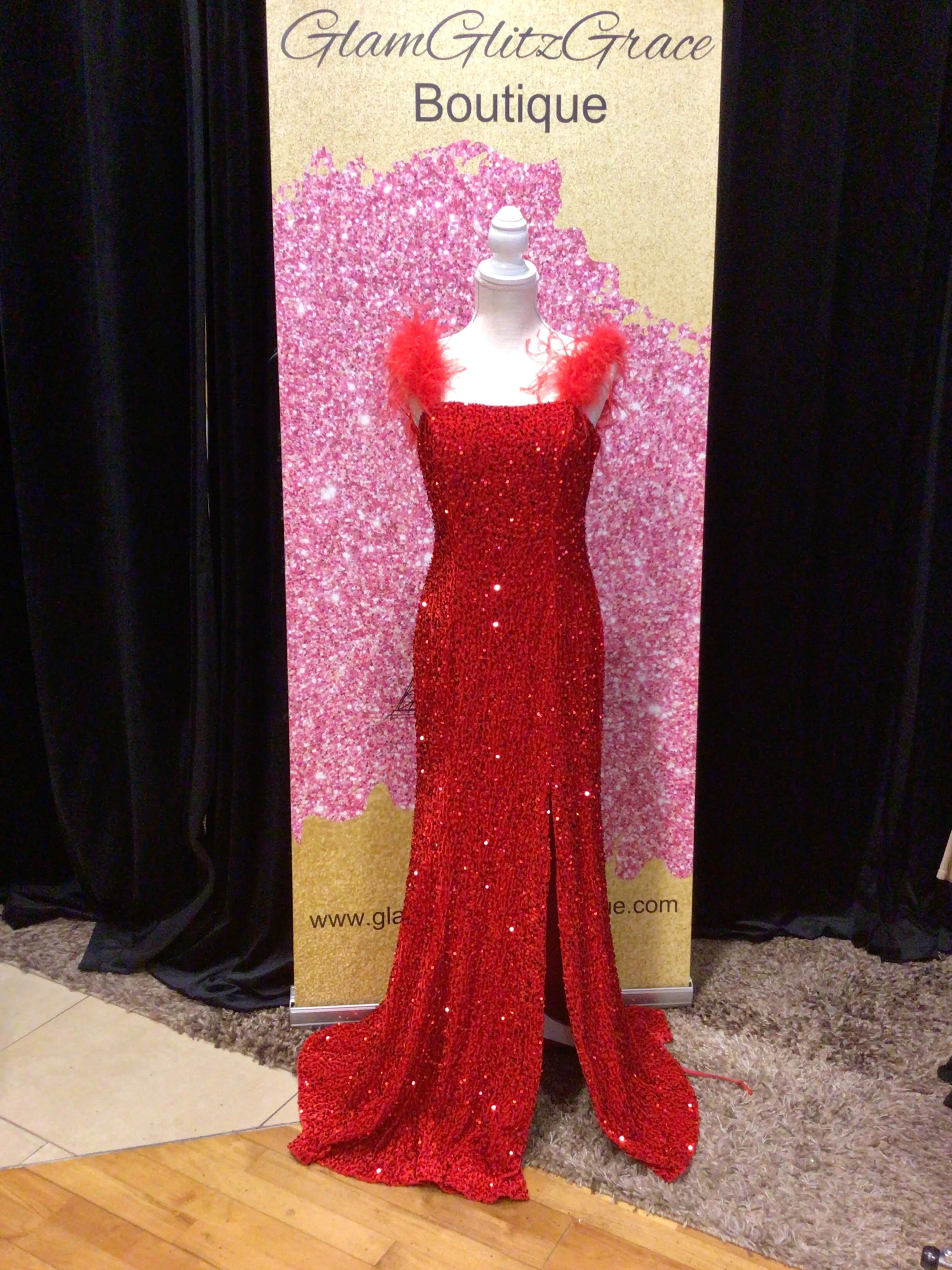 Red Sequin Feathers on Shoulders Lace Up Dress With Slit
