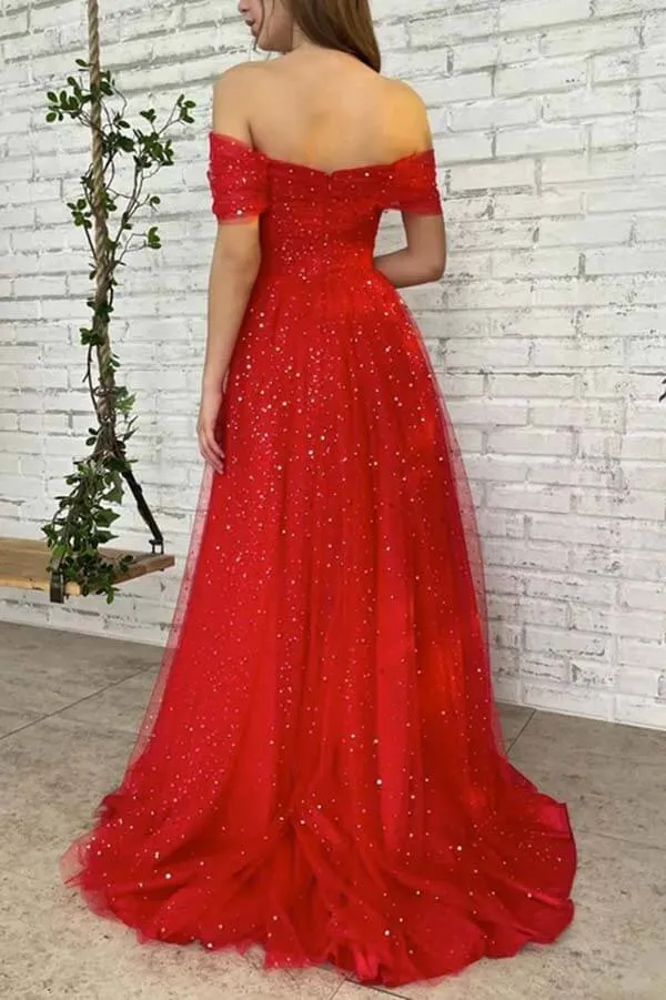Red Tulle A-line Off-the-Shoulder Prom Dresses, Long Formal Dresses, SP812